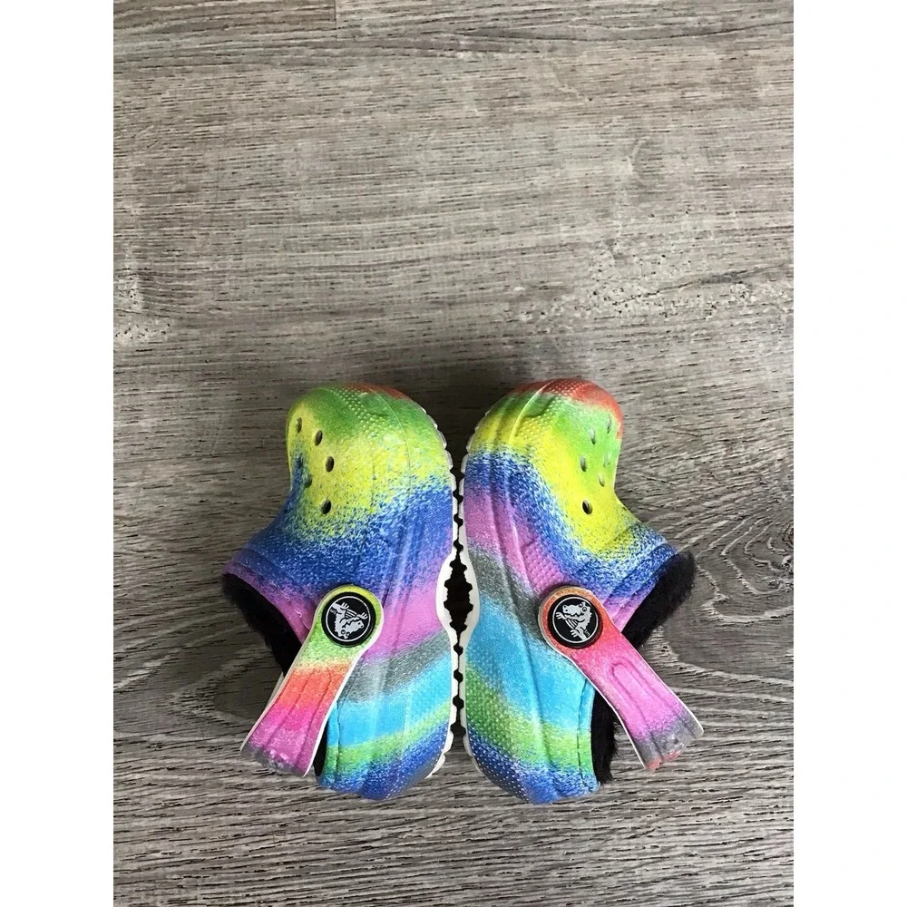 Crocs Baby Girls Size 4 C4 Rainbow Clogs Black Lined Shoes Slip On 208095